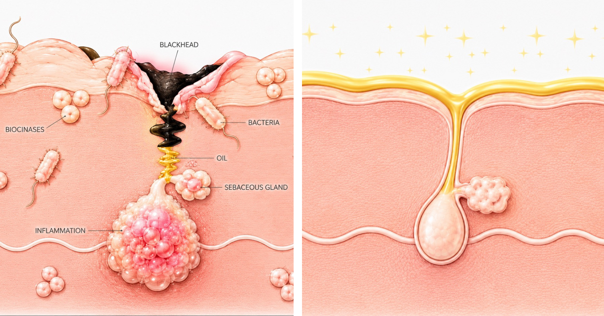 clogged pore and a clean pore